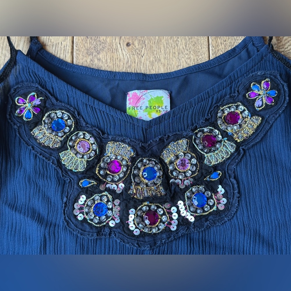 Free People 100% Silk Navy Blue Tiered Ruffle Spaghetti Strap Dress size XS - Picture 2 of 10